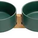 Ceramic Dog and Cat Bowl with Wood Stand Non-Slip Matte Glaze Weighted Food Water Set for Cats &Small Dogs Green