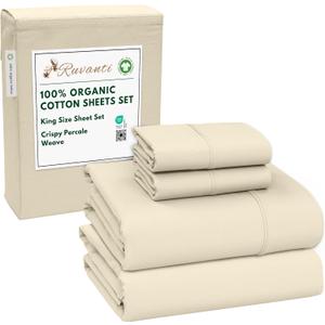RUVANTI 100% Organic Cotton Sheets King Size, Percale Weave, GOTS Certified, 4-Piece Set, Deep Pocket 15", Crisp & Breathable, Soft Durable Bedding, Sbanas Algodn Orgnico  Cloud Cream