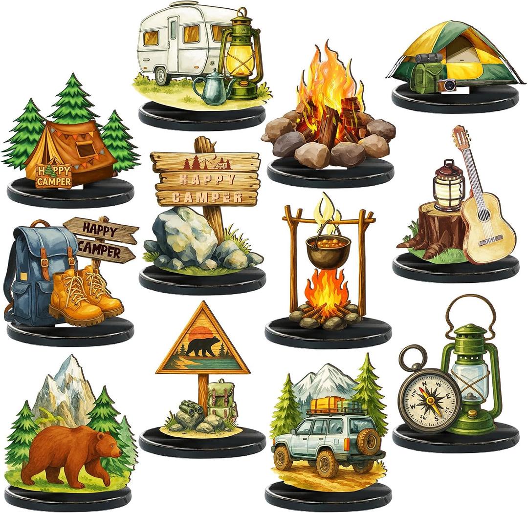 Wesiti 12 Pcs Camping Party Table Decorations Wooden Camper Centerpieces Camping Adventure Sign with Bases Table Topper Decor for Adults Tiered Tray Decor Party Favor