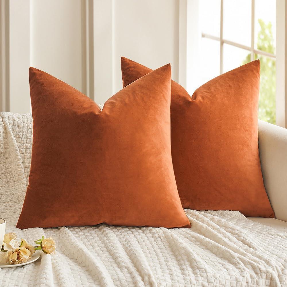 MIULEE Velvet Throw Pillow Covers 16x16 Inch, Pack of 2 - Orange, Soft Solid Decorative Pillow Covers Farmhouse Modern Home Decor for Couch Sofa Bedroom Living Room