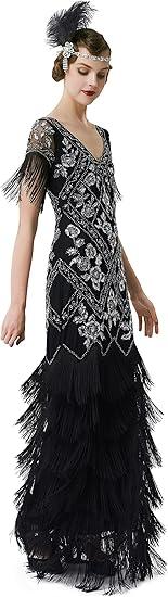 BABEYOND Women's Flapper Dress 1920s V-Neck Evening Gown Sequin Beaded Maxi Dress for Wedding Black Silver, Size: S