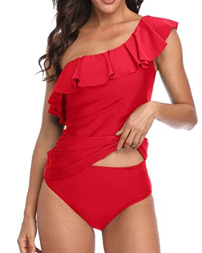 Yonique Womens One Shoulder Tankini Swim Tops Ruffle Bathing Suit Tops No Bottoms (X-Large, Red)