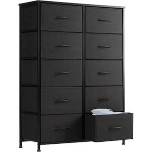 Sweetcrispy Dresser, Tall Dresser for Bedroom, Drawer Dresser Organizer Storage Drawers with 10 Drawers, Chest of Drawers with Fabric Bin, Steel Frame, Wood Top for Bedroom, Closet, Entryway (31.5"D x 11.8"W x 45.7"H (10 Drawers), Black)