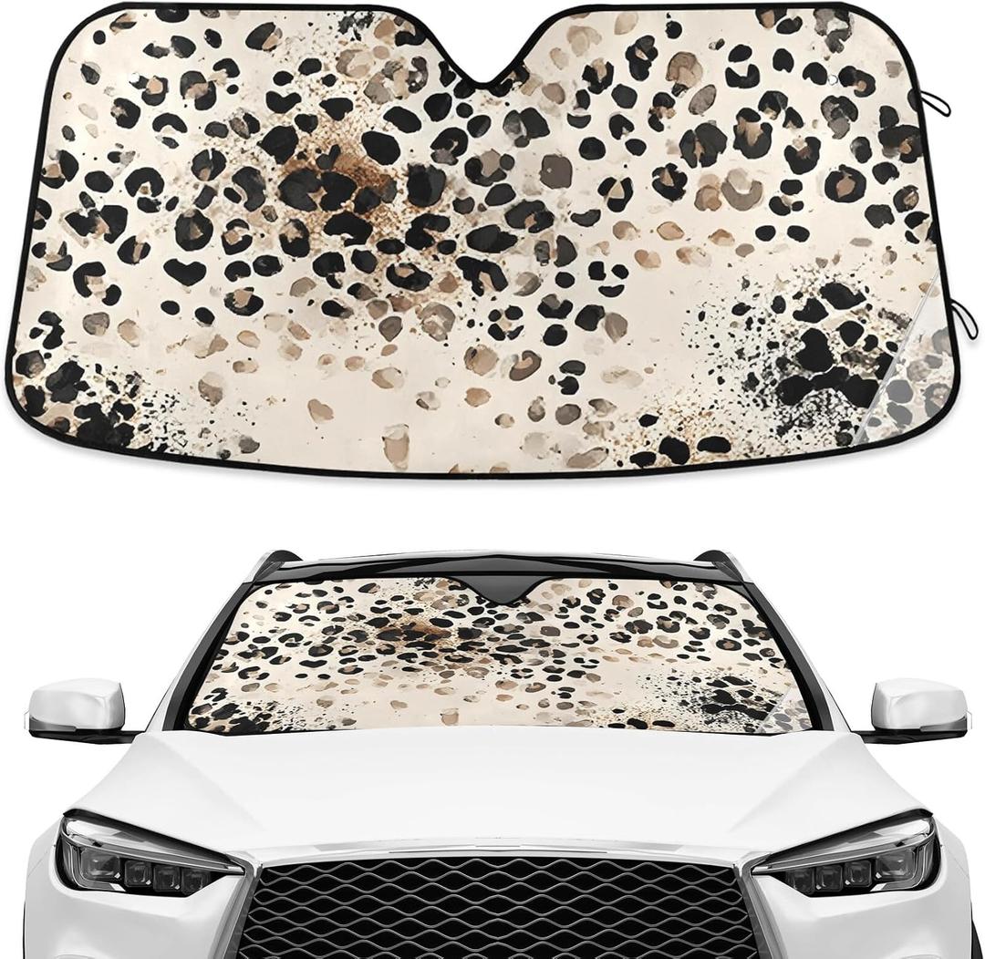 Brown Leopard Cheetah Print Windshield Sunshade Car Sun Shade Front Window Shade for Truck SUV Blocks UV Rays Sun Reflector Visor Protector Accordion Folding