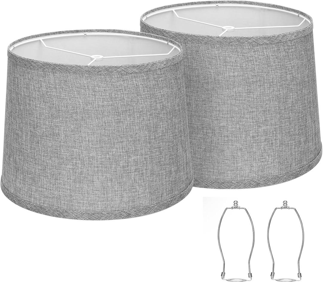 Drum Lampshades Set of 2, 12.6" x 11.6" Diameter, 9.8" High, Easy Assembly, Spider Fitter, Gray Fabric