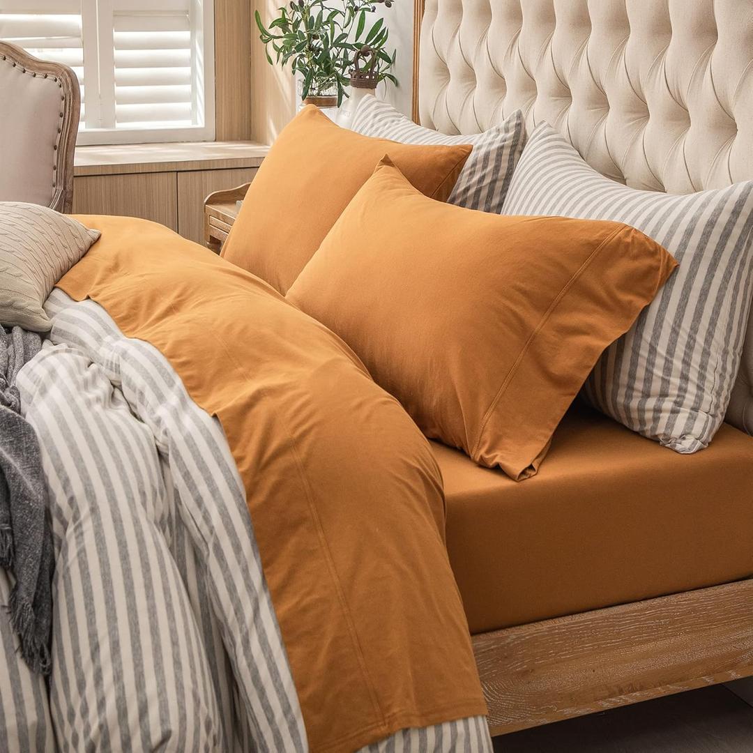 PURE ERA Jersey Knit 4pc Bed Sheet Set 100% T-Shirt Heather Cotton Super Soft Comfy Breathable Fits Mattress Up to 20" Extra Deep Pocket (Solid Burnt Orange, King)