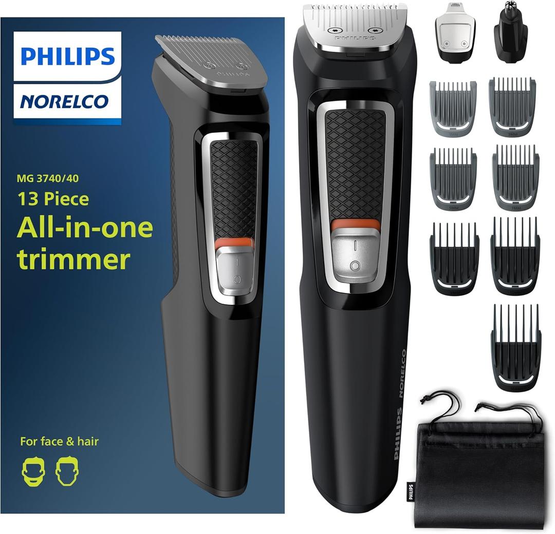 Norelco Philips Multi Groomer All-in-One Trimmer Series 3000-13 Piece Mens Grooming Kit for Beard, Face, Nose, Ear Hair Trimmer and Hair Clipper - NO Blade Oil Needed, MG3740/40 (MG3740/40 - 13 Pieces, Black/Chrome)