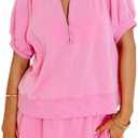 KevaMolly Women's 2 Piece Lounge Sets Casual Short Sleeve Outfits Half Zip Puff Sleeve Top and Ruffled Shorts Set, XL