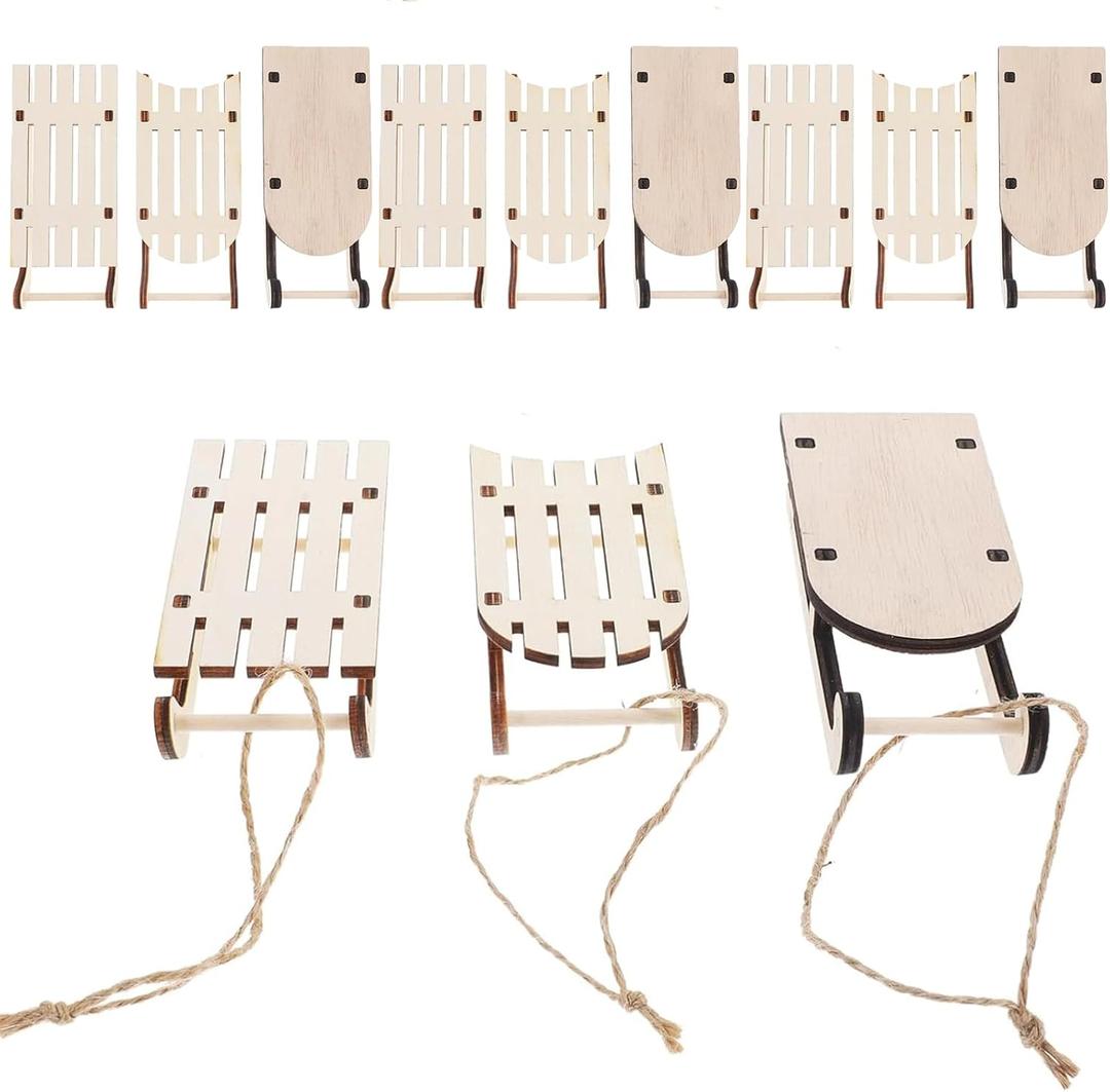 12pcs Christmas Tree Hanging Sleigh, Unfinished Wood Mini Sleigh Ornament, Miniature Wooden Sleighs Model, Tabletop Wood Sleighs for Christmas Tree Dollhouse Decor