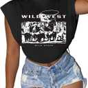 LovelyWholesale Women Cap Sleeve Tops Cropped Graphic Tees Sexy Summer T Shirts Black WW Small