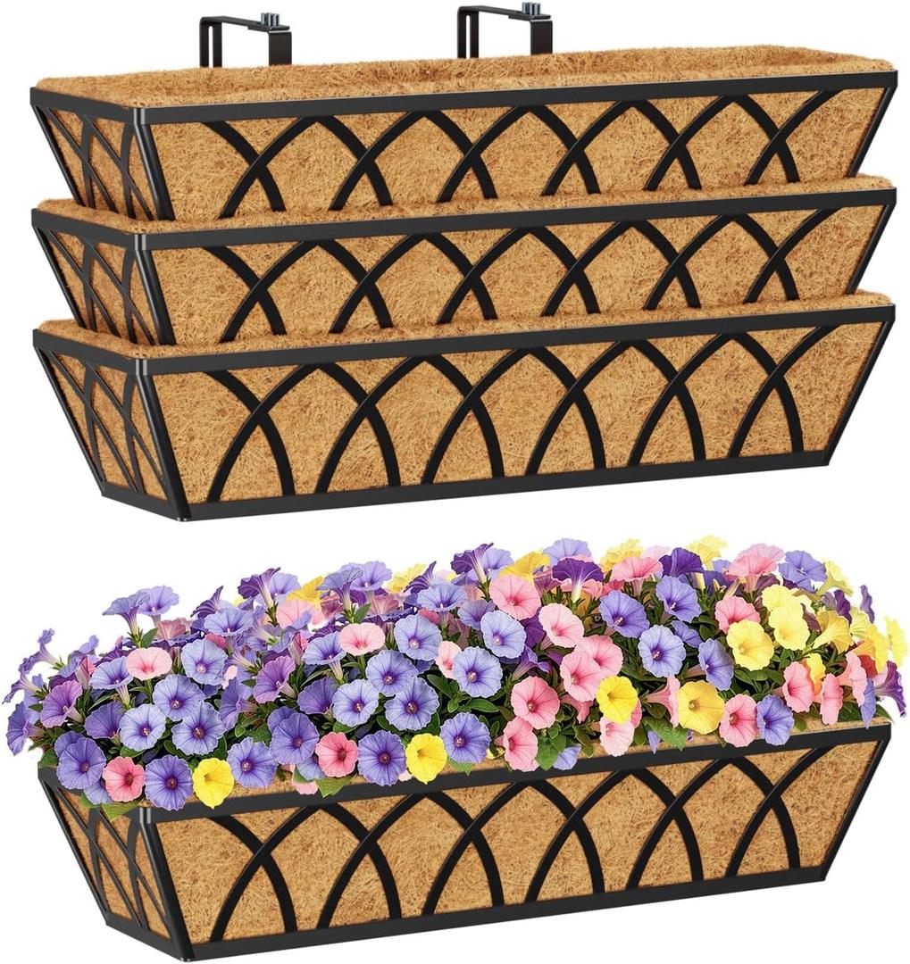 HFHOME 24 inch Railing Planter Box with Coco Liner, 24" Dia Window Box Trough with Coconut Coir Liners, Black Metal Hanging Flower Planter Basket for Indoor Outdoor Lawn - Set of 4, X Shape-4 PCS