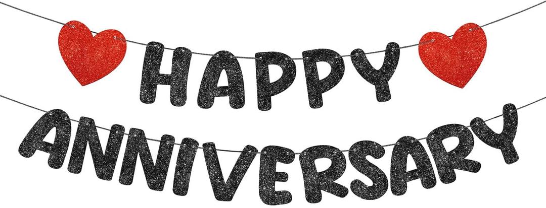 Fulmoon Happy Anniversary Banner Glitter Happy Anniversary Decorations Wedding Party Banner Romantic Decorations No DIY Pre-strung for Wedding Party Birthday Door(Black)