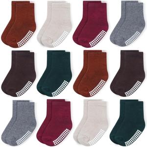 JAKIDAR 12 Pack Baby Toddler Socks Non Slip Grip Cotton Crew Socks for Boys Girls Infants Kids, 6-12M