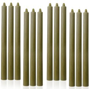Olive Ribbed Taper Candles 10.5 inch Green Tapered Candles Ideal as Dinner Candle Smokeless and Unscented Candle Sticks Long Burning,Set of 12
