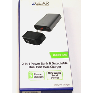 ZGEAR 2-in-1 Power Bank & Detachable Dual Port Wall Charger 10,000mAh High Capacity Power Battery Bank, Black
