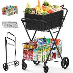 JIALIJIU 2-Tier Shopping Cart for Groceries with 360° Rolling Wheels
Folding Grocery Cart, Heavy Duty Utility Carts with 2 Waterproof Liners, Multi-Functional Trolley for Laundry, Household