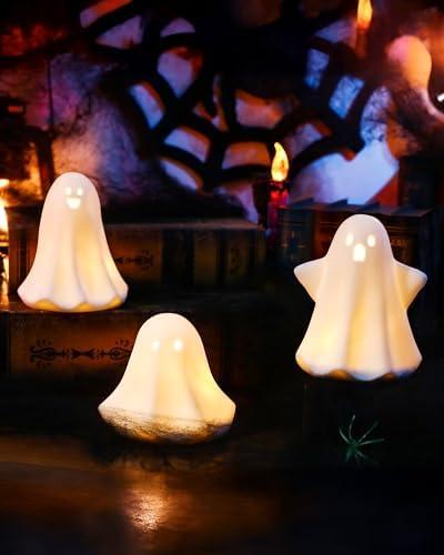 AOMOONOA Ceramic Ghosts Small White Ghost Figurine, 3PCS Light Up Ghost Decor, Small LED Ghost Halloween Decor Spooky Sculptures for Indoor Halloween Party Tabletop Home Shelf Decoration