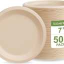 [500 COUNT]Harvest Pack 7 inch Compostable Small Paper Plates, Round Disposable Heavy-Duty Dessert Plates, Natural Bagasse Biodegradable Small Cake Plate Bulk, From Eco-Friendly Sugarcane Plant Fibers