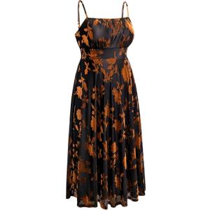 Plus Size Cocktail Dresses - Velvet Party Summer Formal Wedding Guest Sleeveless Spaghetti Strap Floral Midi Dress, 20 Plus