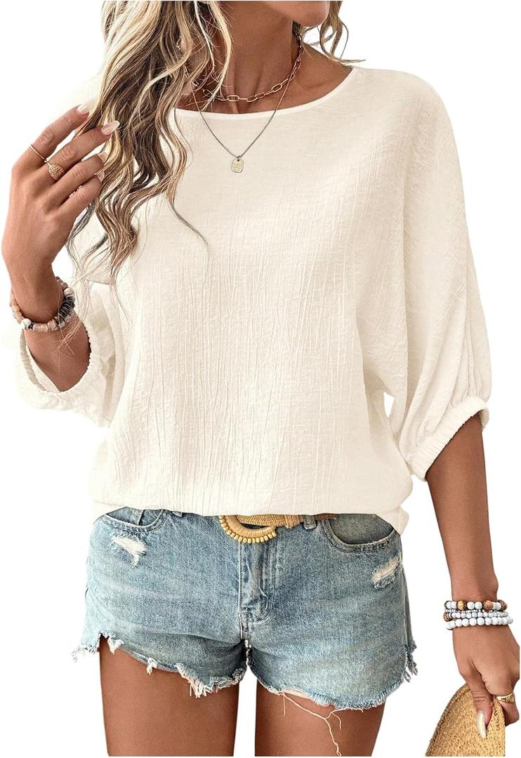 SOLY HUX Women's Summer Blouse Textured Bishop Half Sleeve Crewneck Dressy Casual Tops (Beige, L)