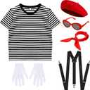 Zhanmai French Mime Artist Costume Set for Women Red Beret Sunglasses Neck Scarf Gloves Suspenders for Costume Party(XL)
