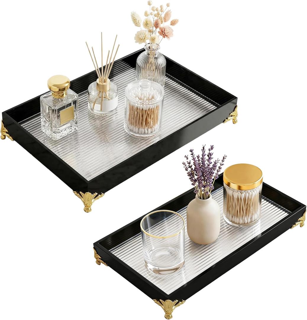 2Pcs Bathroom Vanity Tray for Countertop,Acrylic Soap Organizer Tray for Home Decoration (11.7''x4.2''x1.1'',11.8''x7.9''x1.2'')