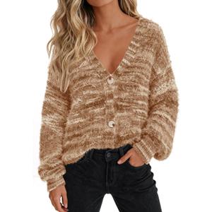 PRETTYGARDEN Womens Cardigan Sweaters Fall Fashion 2026 Striped Long Sleeve Button V Neck Knit Fuzzy Outerwear Winter Clothes (Brown, L)