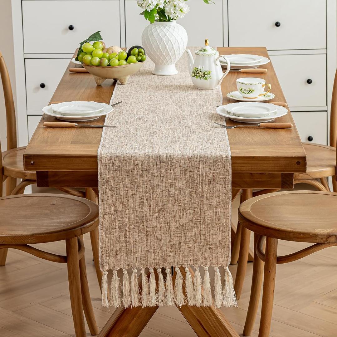 Alsoo Table Runners 108 Inches Long, Rustic Table Runner with Tassels, Boho Farmhouse Linen Texture Table Decor for Holiday Party and Wedding, 13x108 Inches, Beige