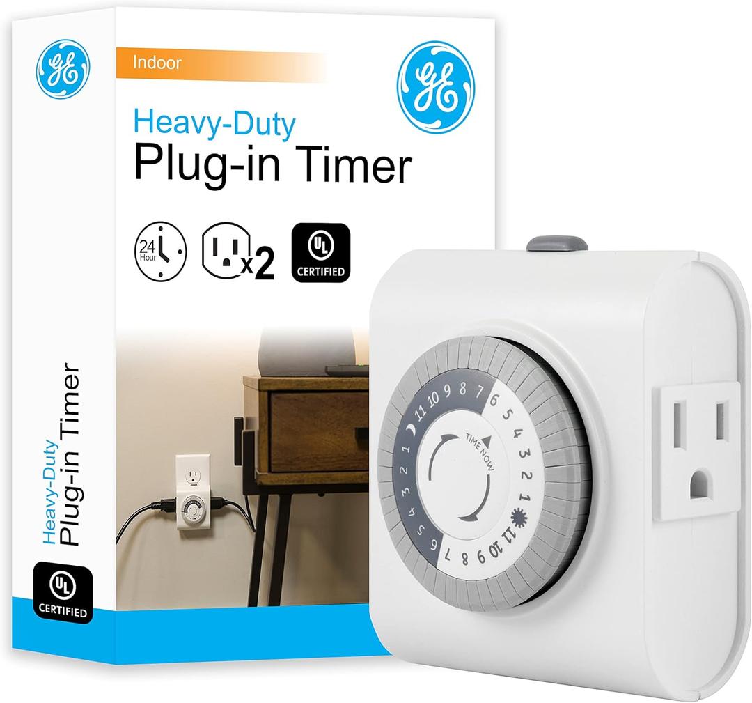 GE Mechanical Grounded Outlet Timer, Dual Plugs with 3 Prongs, 24 Hour Cycle, Indoor Use for Lights, Lamps, Fans, Appliances, Christmas Tree, 1 Pack, 15075