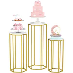 Urban Deco Cylinder Stands for Party, Set of 3 Gold Metal Hexagon Cake Pedestal Stand with Wooden Marbled Countertop, Flower Plant Pedestal Stands for Display Parties Wedding Birthday Decor, 3PCS, Gold