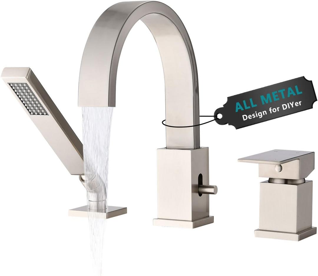 Brass Roman Tub Faucet with Sprayer, Deck Mount Bathtub Faucet with Hand Shower, 3 Hole Waterfall Faucet with 360 Spout, Single Handle Tub Filler with 8 GPM High Flow, Brushed Nickel