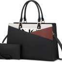 LOVEVOOK Laptop Tote Bag for Women, Leather Business Office Work Bag Computer Briefcase with Small Clutch fit for 15.6 Inch Laptop, Black-Brown-Beige