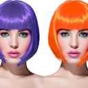 WILLBOND 2 Pieces Short Bob Hair Wigs Colorful Cosplay Costume Wig Party Hairpiece for Women Girls Daily (Orange, Purple)