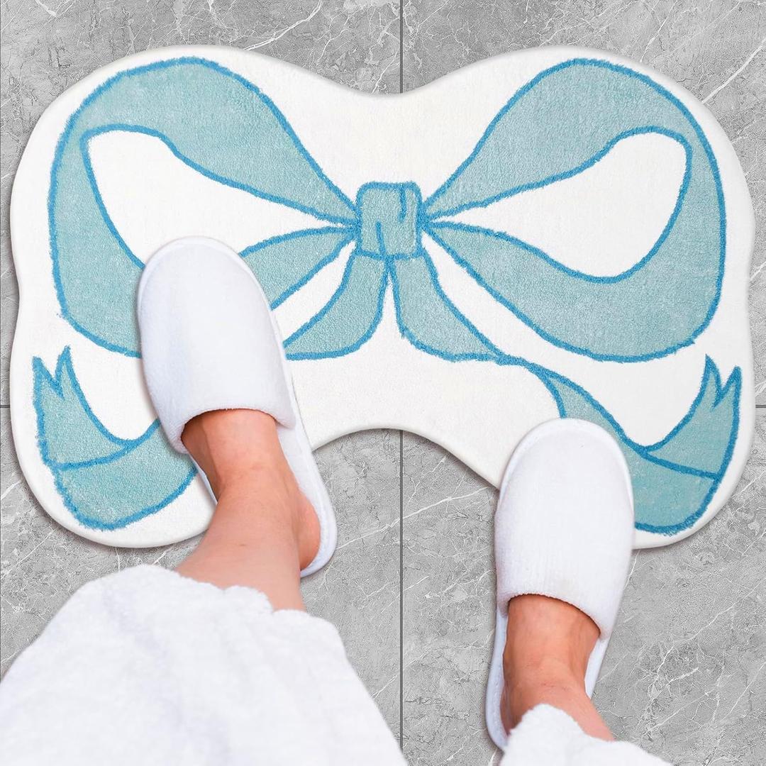 JarThenaAMCS Bow Rug Mat Blue Coquette Bowknot Bathmat 20 x 30 Inch Bathroom Mat for Room Decoration Kitchen Living Room