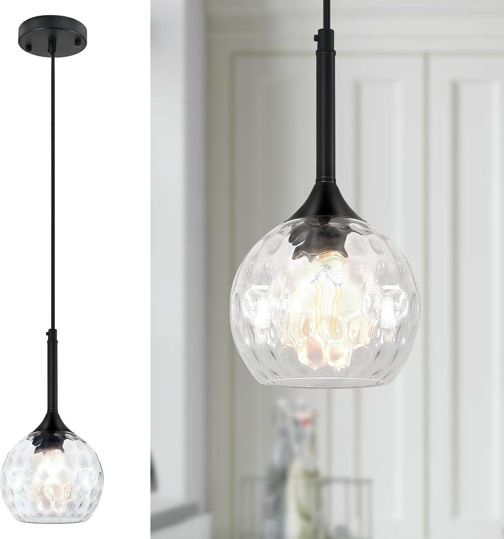 JHLBYL Glass Pendant Light fixtures, 6'' Kitchen Pendant Lights Black Pendant Light with Hammered Glass Pendant Lights Kitchen Island Over Sink Dining Room Foyer
