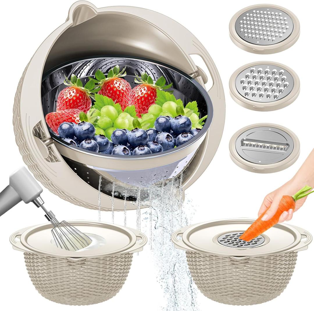 41 Colander with Bowl Set  Rotatable Strainers for Kitchen, Food Strainers and Colanders, Funny Presents for Women, Fruit Cleaner, Veggie Wash, Aesthetic Kitchen Gadget Essentials  Beige