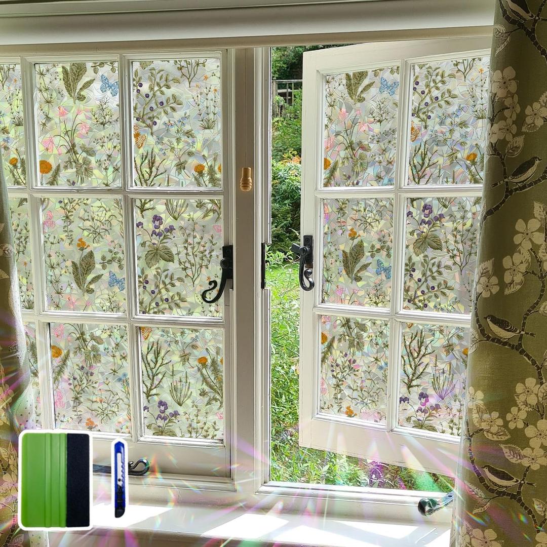 Floral Window Privacy Film Stained Glass Decorative Rainbow Window Tint for Glass Bathroom Door Car Decor Wildflower with Tools, 118.11" x 16.93"