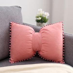 YDBDAT Boho Decorative Throw Pillow Covers with Pom Poms Soft Velvet Pillow Cases Bow Lumbar Pillow Covers 14 x 20 Cushion Case for Bed Couch Living Room Decor Coral