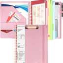 HAUTOCO Leather Clipboard Folio with Storage Zipper Pouch, Notepad, Business Card Holder, 5 Dividers with 10 Pockets, File Folder Labels, Pen Loop and Elastic Strap, Spiral Padfolio Clipboard, Pink