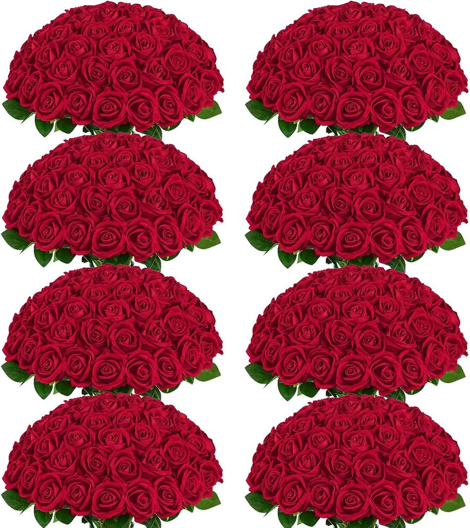 200 Pcs Red Roses Artificial Flowers, Real Touch Velvet Roses Bouquet Fake Flowers Bulk, Artificial Roses with Long Stems for Birthday Gift Women Mom DIY Bridal Wedding Centerpiece Decorations