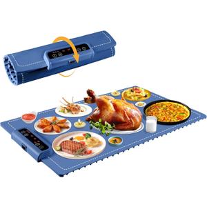 Food Warming Mat- Foldable Warming Mat for Food with Adjustable Temperature Control Time Moders Locking Function Electric Warming Tray for Parties,Home,Travel,Buffet Blue