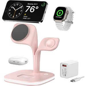 EXW Magnetic Charging Station, 5 in 1 Faster Mag-Safe Wireless Charger Stand for iPhone17/Air/16/15/14/13/12 Pro/Max/Mini/Plus, Apple Watch 10/9/8/7/6/SE/5/4/3/2 and Airpods 3/2/Pro/Pro 2 with LED (Pink)