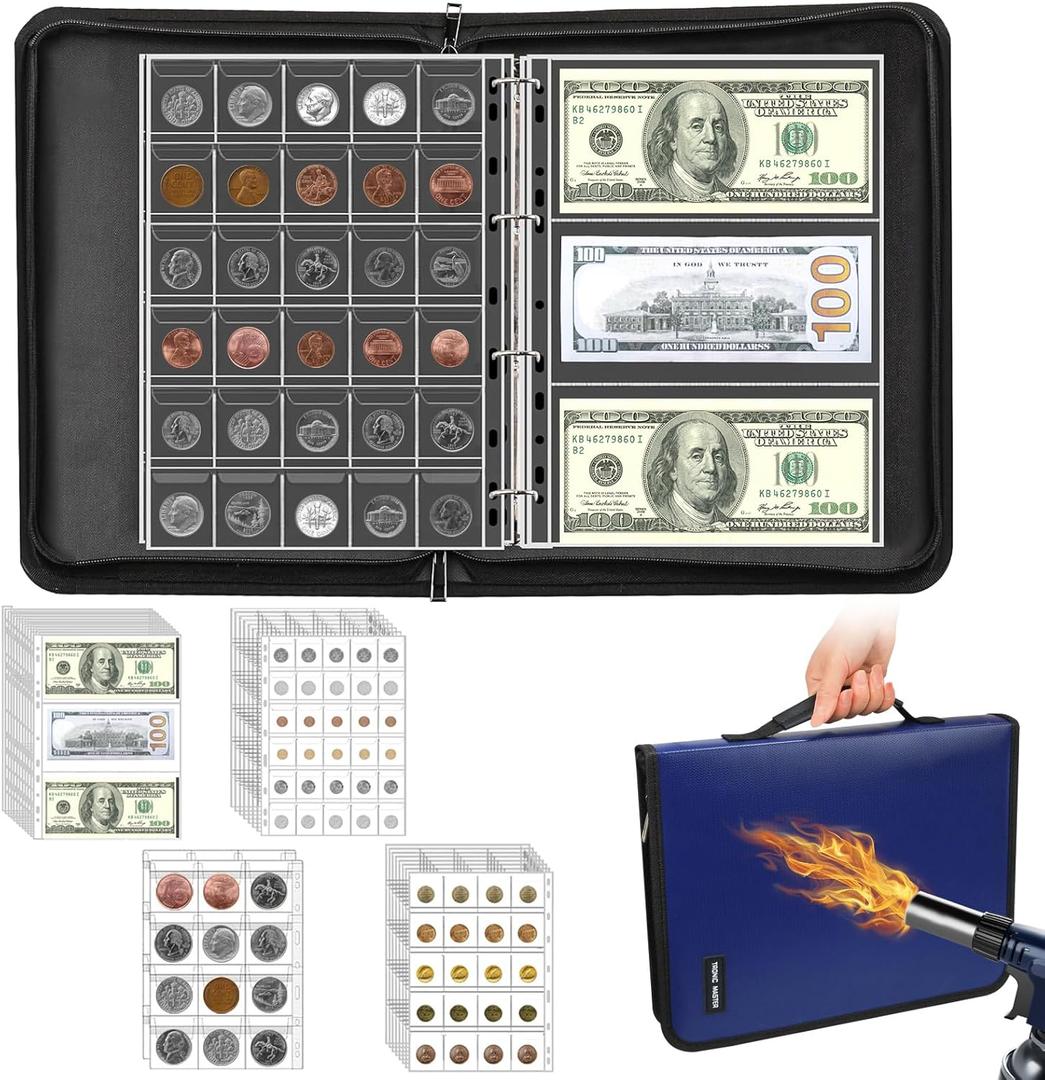 Coin Collection Book Holder Organizer - 410 Pockets Coins Collection Supplies Album for Collector 36 Sleeves Money Storage Case Fireproof Coin Currency Collection Bill Pennies Cash Blue