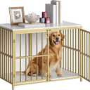 HOOBRO 38.6" Dog Crate Furniture, Wooden Dog Kennel Indoor, Heavy Duty Dog Cage for Small/Medium Dog, Decorative Side End Table, White and Gold DW100GW03