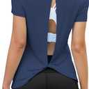 Mippo Open Back Workout Tops for Women Soft Short Sleeve Athletic Yoga Gym T Shirts (Blue, XL)