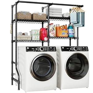 ULIFHOME U14 Over Washer and Dryer Storage Shelves, 4 Tiers Laundry Room Storage and Organizer System, Space Saving Clothes Drying Rack with 2 Clothes Hanger Rods, 66.5" W x 20.5" D x 77.4" H, Black 