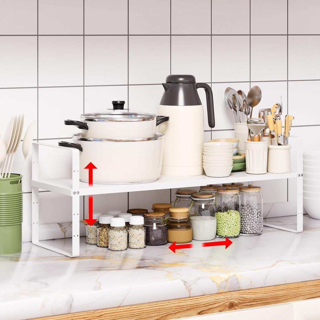 Expandable Cabinet Shelf Organizer Rack, Stackable Kitchen Counter Storage Shelves Stand, Adjustable Height Pantry Shelf Spice Rack(White-1 Pack, 8.7" D x 15.4-26.8" W x 9.8" H)