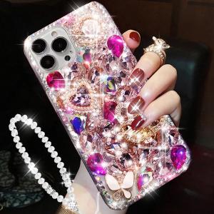 for iPhone 16 Pro Glitter Bling Case, Cute Luxury 3D Sparkle Crown Crystal Rhinestones Diamond Gemstones Pearl with Lanyard Wrist Strap Women Girls Phone Case for iPhone 16 Pro 6.3",Hot Pink