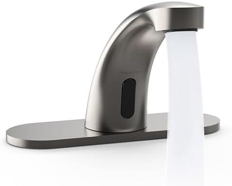 PRIMSOPH Automatic Motion Sensor Hands Free Electronic Infrared Smart Commercial Touchless Bathroom Sink Faucet with Cover Plate Temperature Mixer Battery or Plug-in Powered Brushed Nickel