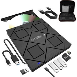 8-in-1 Extemal CD/DVD Drive for Laptop,USB 3.0 & Type-C Portable CD/DvD Burner with SD/TF Card Reader DVD Player with Carrying Case Compatible with Laptop PC, MacBook Pro/iMac Windows 11/10/8/7 Linux